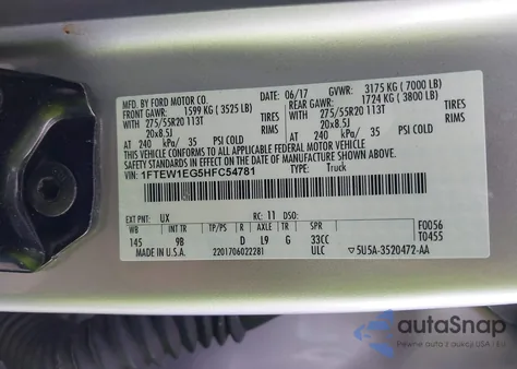 2017 Ford F-150 Platinum z USA, uszkodzony, nr VIN 1FTEW1EG5HFC54781